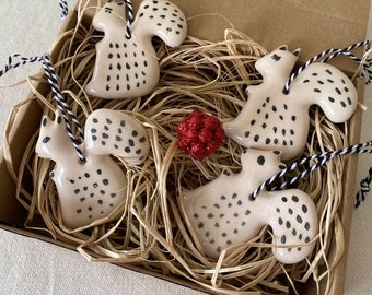 Handmade Ceramic Squirrel Christmas Ornament: White Clay Decoration, Set of 4