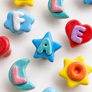 Handmade Ceramic Dresser Knobs, Colorful Letter & Shape Drawer Pulls for Nursery Decor