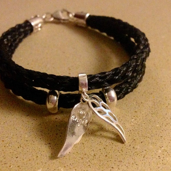Memorial double braided horsehair bracelet with sterling silver angel wing charm