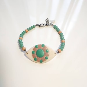 Mosaic Evil Eye Bracelet, Protection Beaded Bracelet with Mint Glass Beads and Semi Precious Stones, Boho Mataki Jewelry