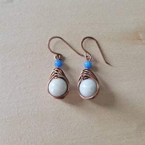 Copper earrings, dangle earrings, gemstone earrings, jade earrings, dainty earrings, handmade earrings, beaded earrings, herringbone earring