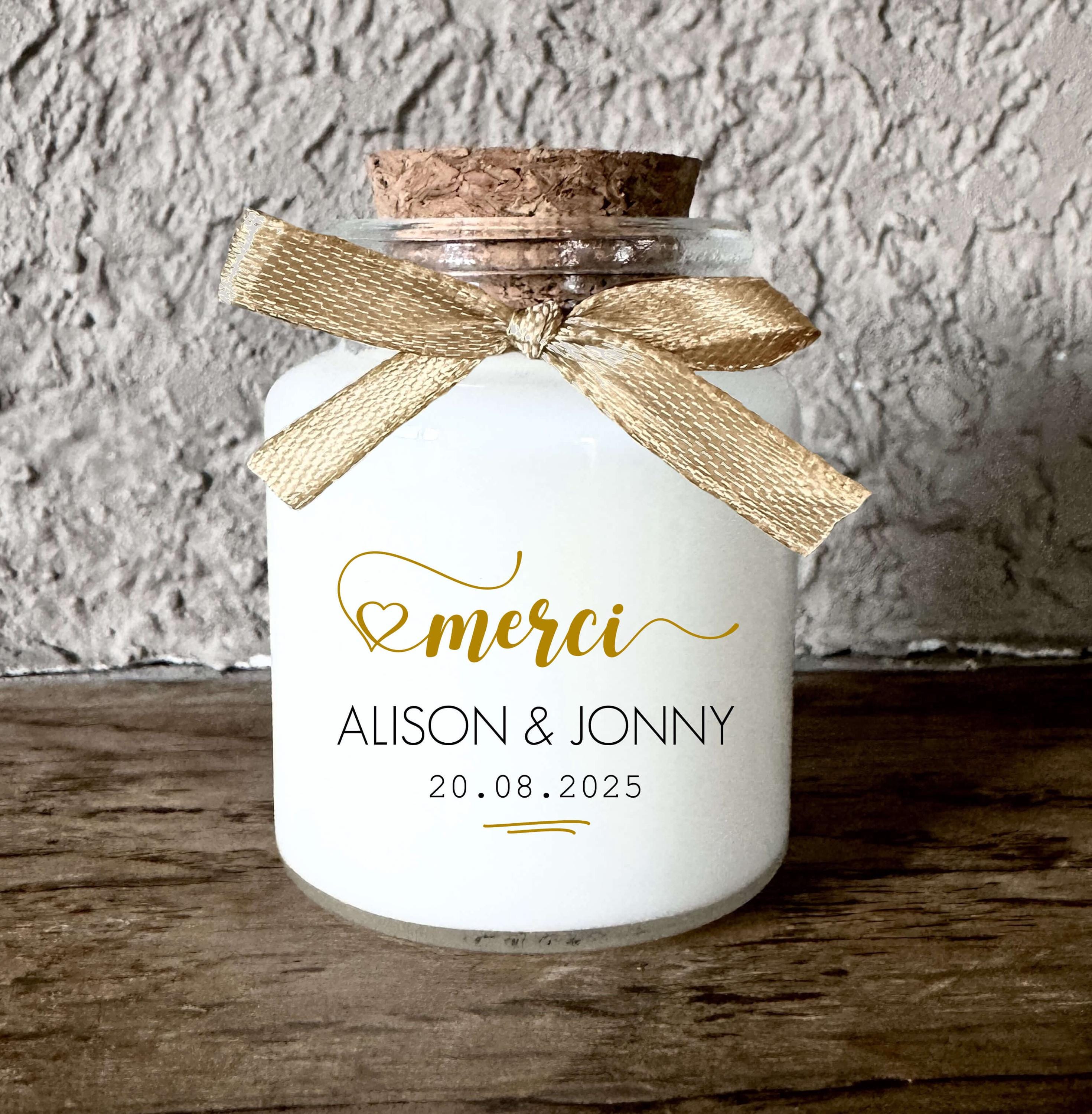 Bougie personnalisée pour invités de mariage en pot avec liège