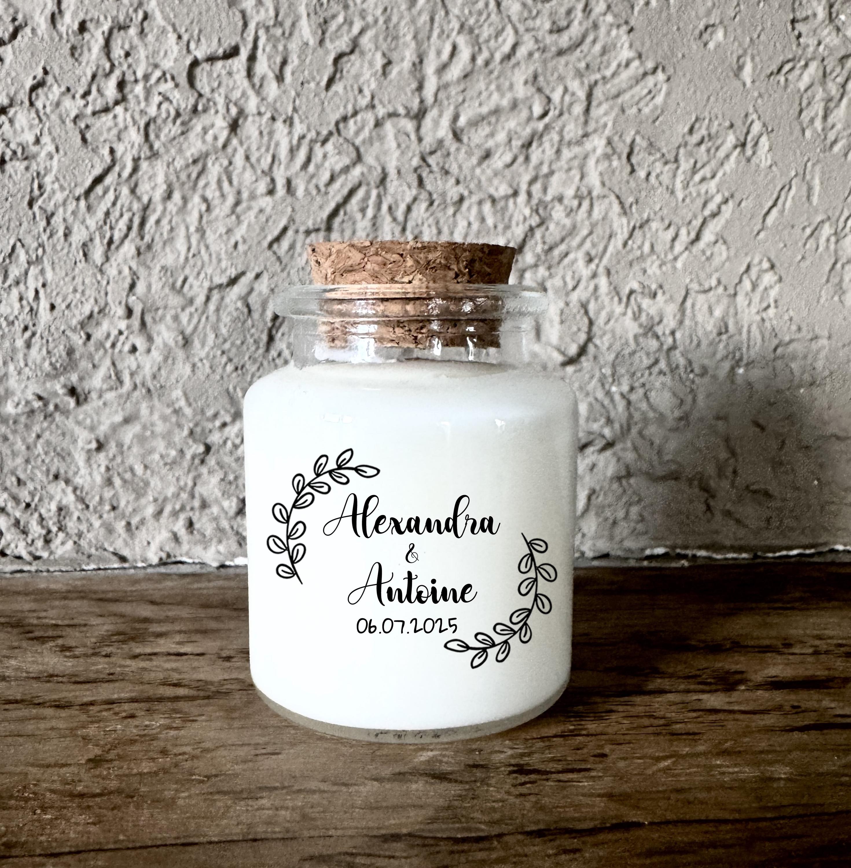Bougie personnalisée motif branche d’olivier pour mariage