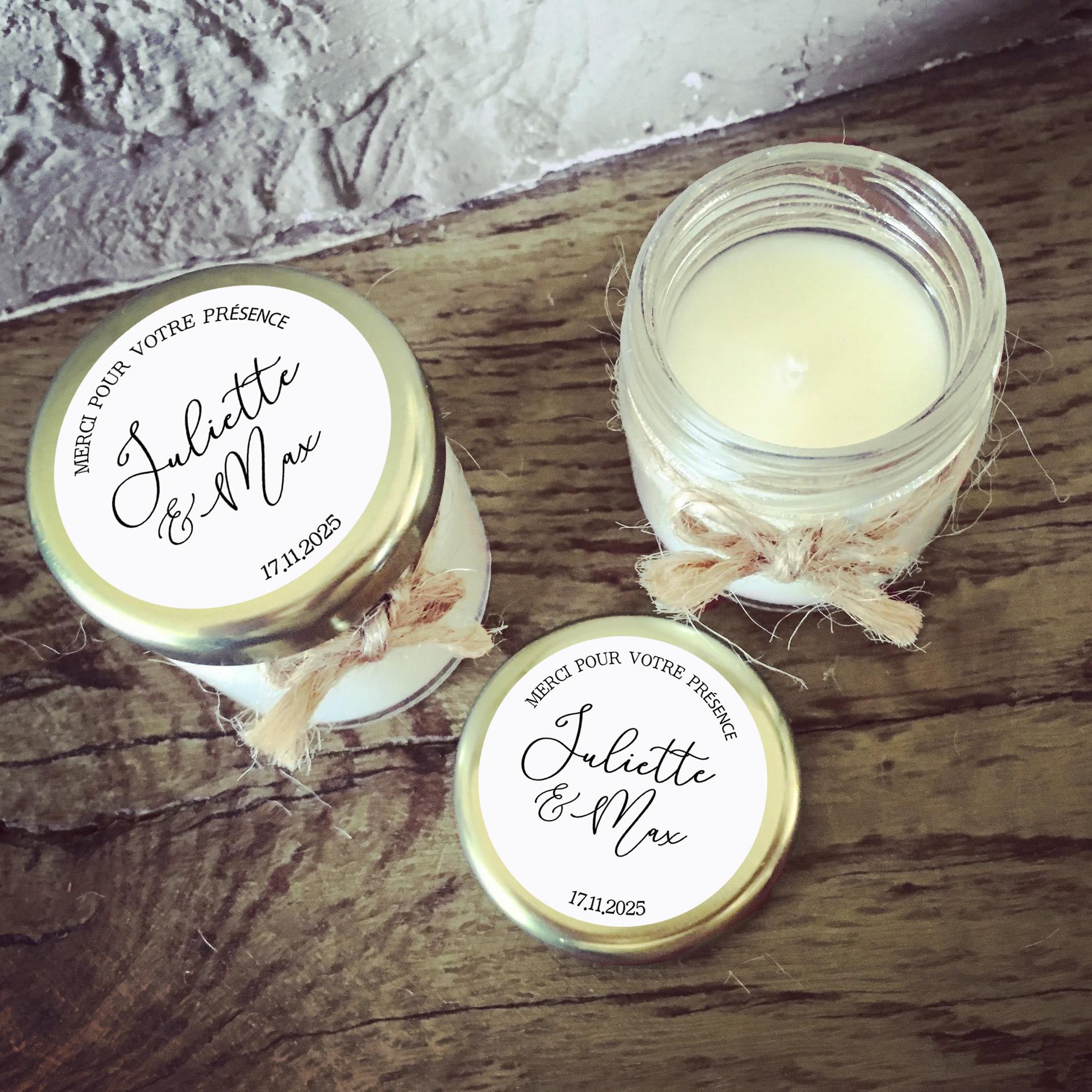 Bougie personnalisée mariage chic avec parfum et calligraphie