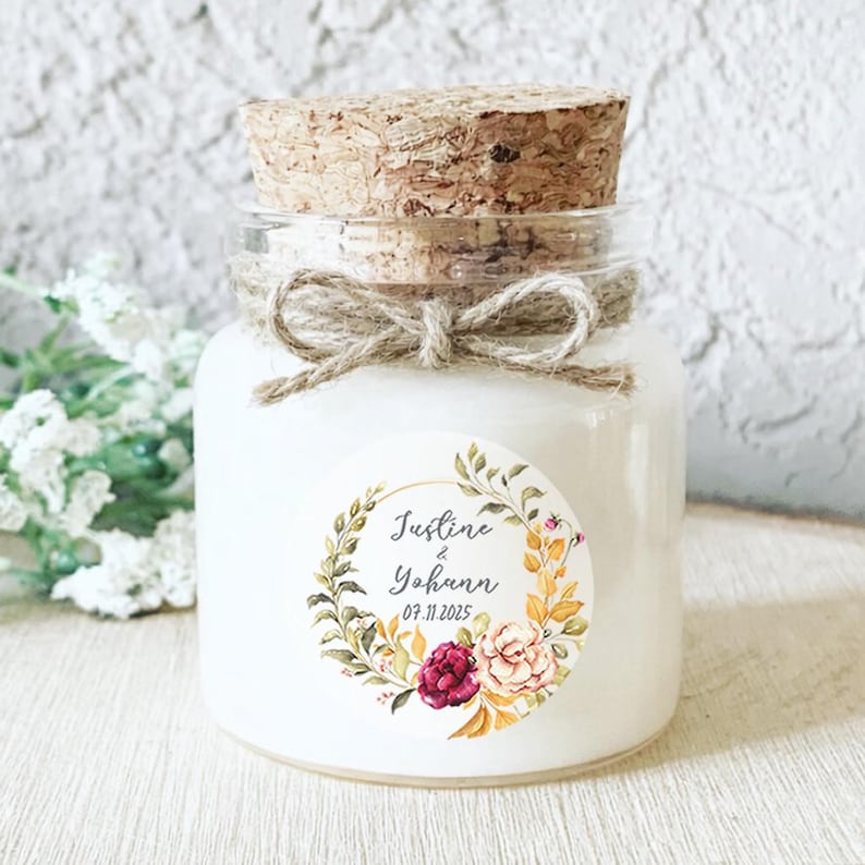 Bougie personnalisée artisanale fleurs séchées et tons pastel