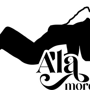 May include: A black silhouette of a person reclining with their head tilted back, with a mountain range above. The word "Alla" is in stylized font, with "mordom" below it in a cursive font.