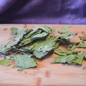 Puede incluir: Primer plano de hojas verdes secas, posiblemente hierbas o especias, dispuestas sobre una tabla de cortar de madera. El fondo es una tela morada.