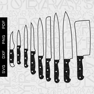 Pode incluir: Uma coleção de nove facas de cozinha a preto e branco de vários tamanhos e formas, incluindo um cutelo e uma faca de pão serrilhada. As facas têm cabos pretos com detalhes de pontos brancos. A imagem inclui o texto "SVG, DXF, PNG, PDF".