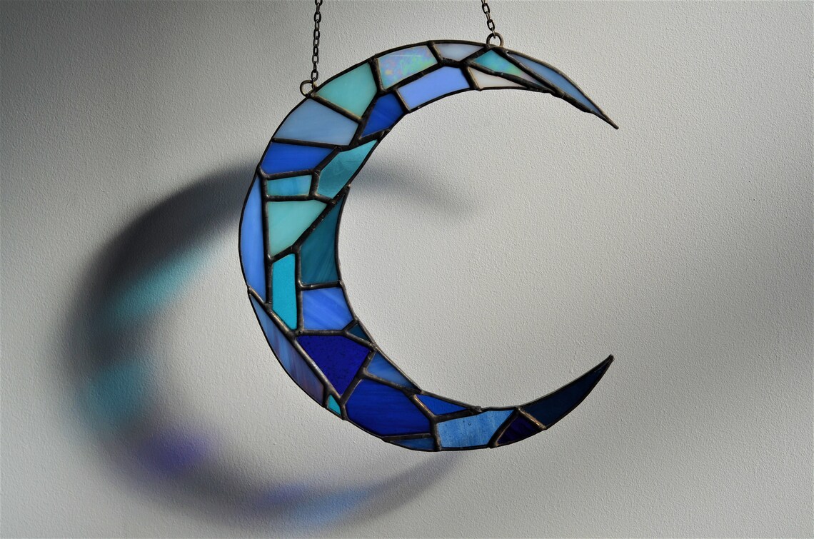 Crescent moon suncatcher stained glass window panel hanger Etsy