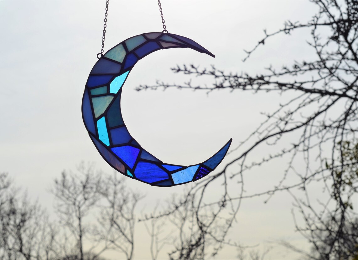 Crescent moon suncatcher stained glass window panel hanger Etsy
