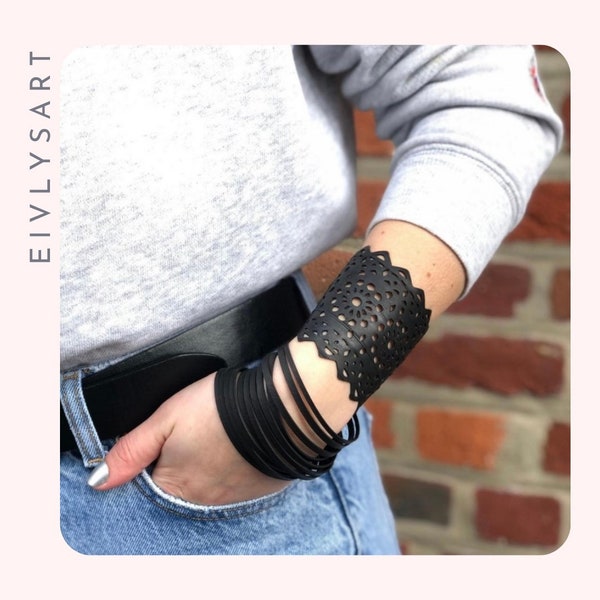 Light and flexible lace style cuff bracelet made from upcycled materials, modern and ethical contemporary jewelry, avant-garde gift