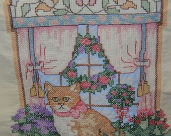 1992 Sunset CAT on a Windowsill finished Counted Cross Stitch 13050 - meow please Frame Me 13 3/4 W X 13 1/8 H - USA made