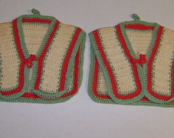 2 vintage Crocheted VEST Pot Holders - Ecru with Tomato Red and Spring Green trim