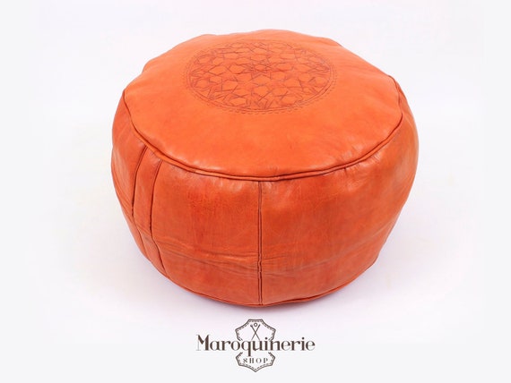 Orange Leather Pouf Moroccan Ottoman - Orange Leather Ottoman Orange Leather Pouf Moroccan Ottoman - Orange Leather Ottoman