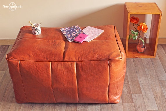 Large Orange Leather Pouf Moroccan - Orange Leather Ottoman Large Orange Leather Pouf Moroccan - Orange Leather Ottoman