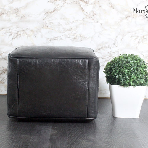 Black shops Leather Pouf, Moroccan Leather Pouf, Leather Ottoman, Leather Chair, Moroccan Leather Ottoman, Black Ottoman