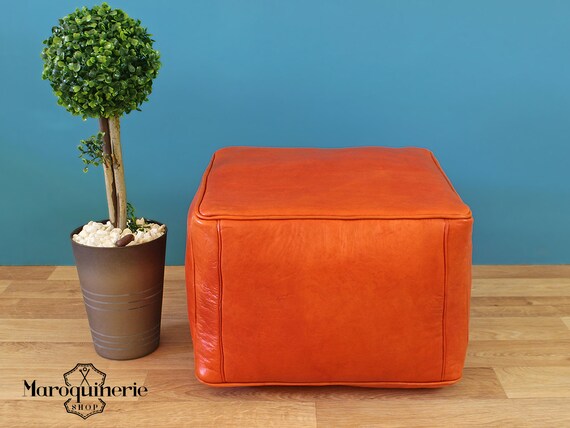 Orange Leather Pouf Moroccan Ottoman - Orange Leather Ottoman Orange Leather Pouf Moroccan Ottoman - Orange Leather Ottoman