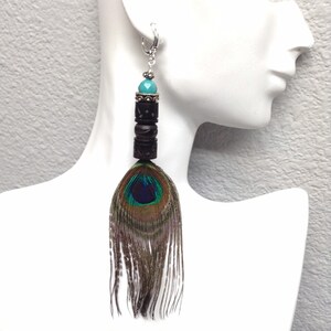 PEACOCK Feather Wood Turquoise BOHO Chandelier Dangle Earrings Festival Costume Earrings Duster Earrings Statement Earrings