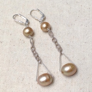 Pearl Earrings Gold Baroque Pearl Sterling, Silver Chain dangle chandelier drop earrings, Healing Stone, Chakra, Beach, Bridal jewelry