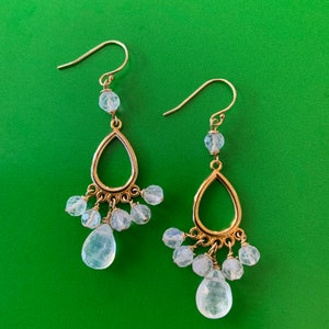 White Rainbow Moonstone & Gold Dangle Chandelier earrings bridal earrings