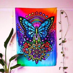 BUTTERFLY MANDALA TAPESTRY / Boho Tapestry / Mandala Fabric Wall Hanging / Hippie Rainbow Tapestry / Psychedelic Tapestry Mandala Wall Decor