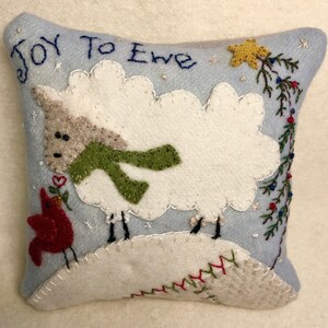 Pattern & Kit Wool Applique Pin Cushion -Joy To Ewe - 5&quot;x5&quot; finished, Color Light Blue Background