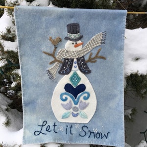 Wool Applique' Wall Hanging, Pattern and Kit, Snowman, Winter Theme, Let it Snow- 11 x 14 inches