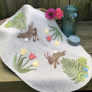 Digital Download Pattern,  Flowers and Ferns Wool Applique&#39; Pattern Table Mat, Bunnies and Flowers,  14 wide x 22 inches long,