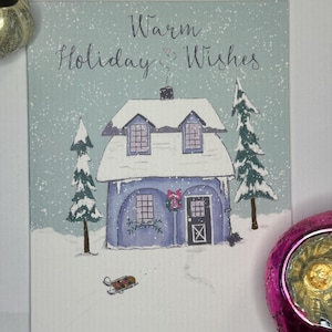 Paquetes de 5 o 10 tarjetas navideñas (con descuento), cálidas felicitaciones invernales, casa acogedora, escena nevada, tamaño A2 (4,25 x 5,5")