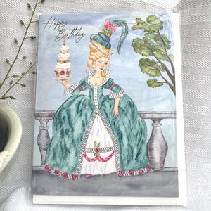 Carte de voeux, anniversaire, oeuvre d'art unique, Marie-Antoinette avec gâteau d'anniversaire, 4,25 x 5,5 po. avec enveloppe, format A2, blanc à l'intérieur