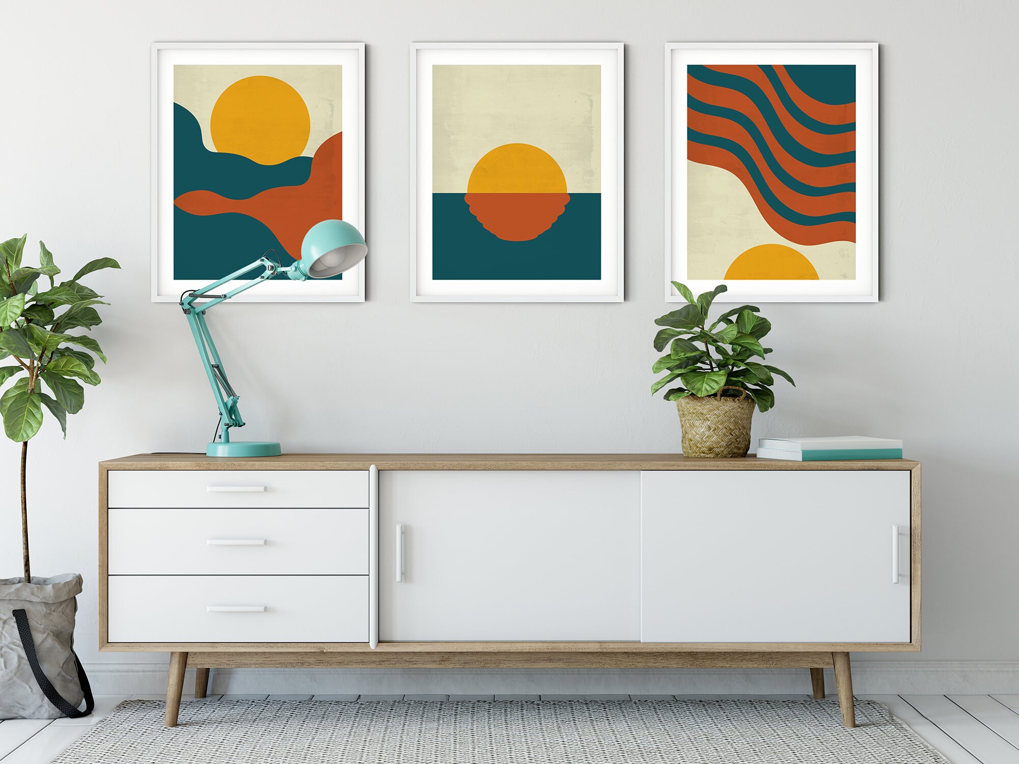 Mid Century Modern Art Red Blue and Yellow Mountain Etsy