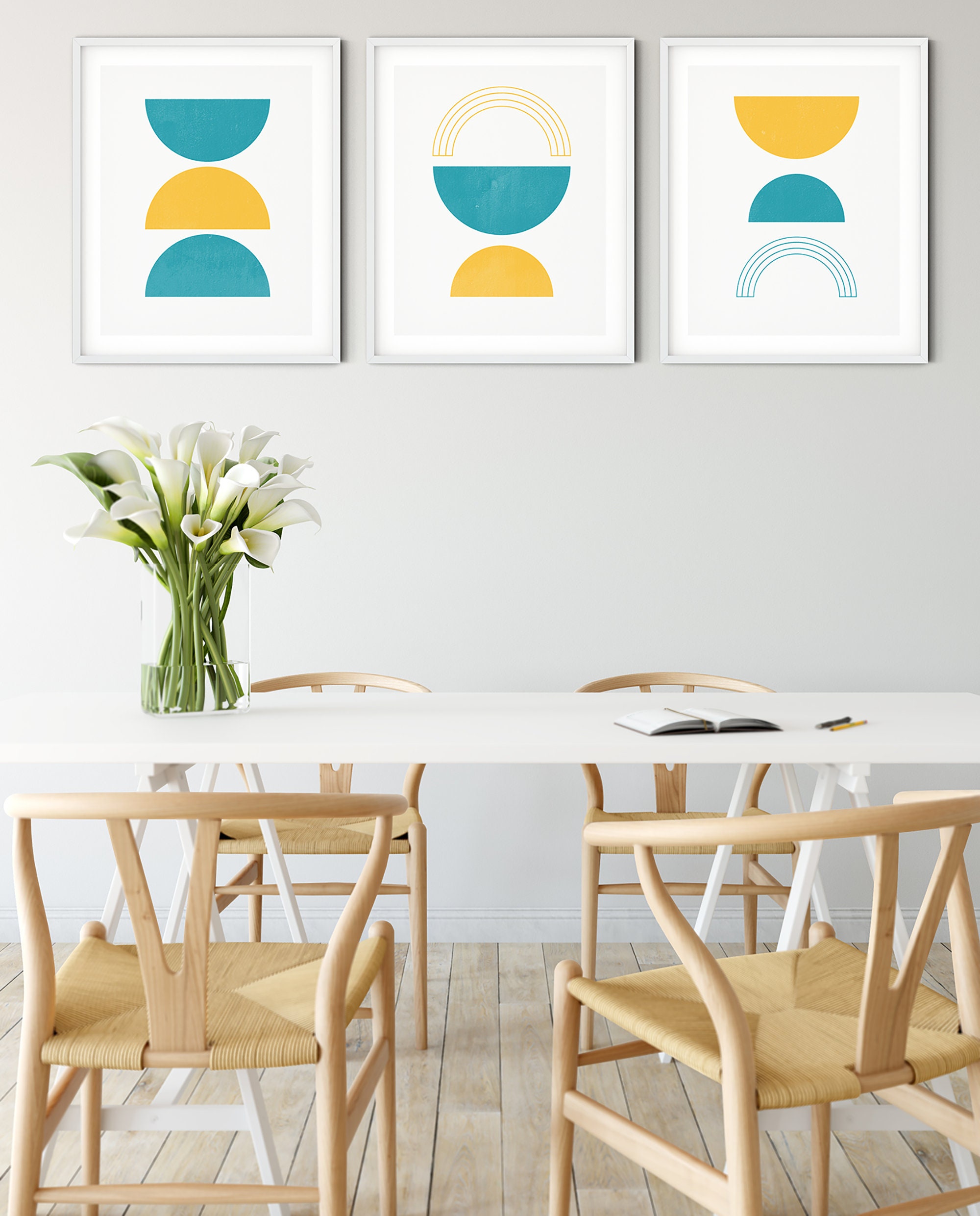 Yellow and Blue Geometric 3 Piece Wall Art Set Etsy