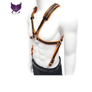 May include: A black leather harness with orange trim and silver hardware. The harness has adjustable straps and buckles.
