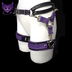 May include: Purple and black leather harness with thigh straps and a metal ring. The harness has a D-ring on the front and a metal hook on the back.