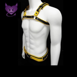 May include: A yellow and black leather harness with adjustable straps and buckles. The harness has a belt with metal accents.