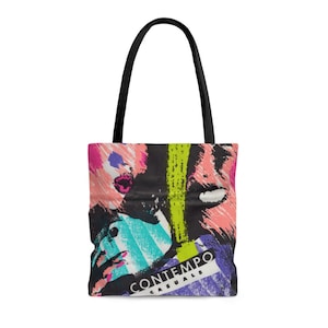 May include: A black tote bag with a colorful abstract design featuring a face and the text "CONTEMPO CASUALS".