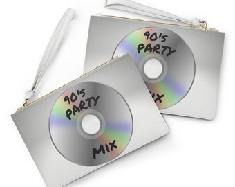 May include: Two white zippered pouches with a silver CD design. The CD has a rainbow effect and the text "90's Party Mix" is written on it.