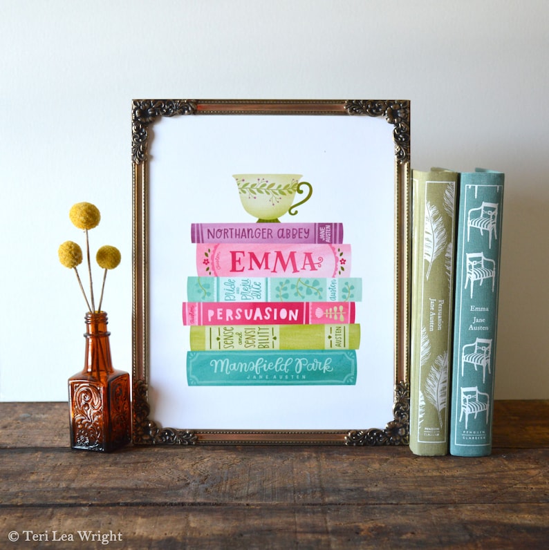 Jane Austen Book Stack Spines Illustration 8x10 Hand image 0