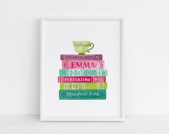 Jane Austen Book Stack Spines Illustration | Hand-Lettered and Illustrated Art Print | Physical Item