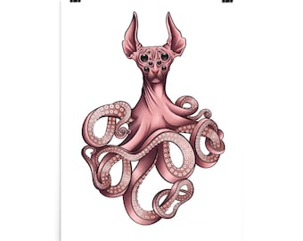 Póster de arte de cactus / Impresión de gato pulpo extraño