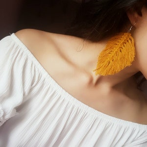 Macrame Feather,Tassel Earrings,Macrame Earrings,Bridesmaid Gift,Cotton Earrings,Mustard,Ecru,Leaf Earrings,Statement Earring,Fringe Earring image 4