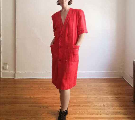 vintage cherry red linen overcoat or dress // made