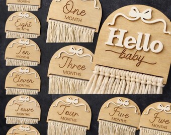 Wooden Baby Milestone Discs | Boho Nursery Decor, Macrame Fringe Photo Prop