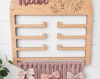 Handmade wooden bow holder flowers with name - personalized hair bow organizer-headband organizer bow wall hanging/hair tie organizer
