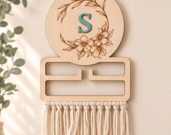 Personalized Wooden Bow Holder – Macrame Wall Decor, Baby Name Display