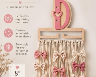 Personalized Wooden Bow Holder – Macrame Hair Accessory Organizer, Boho Nursery Wall Hanging