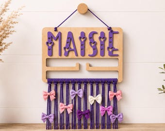 Personalized Wooden Bow Holder – Macrame Hair Accessory Organizer – Nursery Wall Hanging