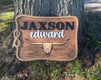 Western  Sign with Rope & Cow Head – Rustic Personalized Wall Decor