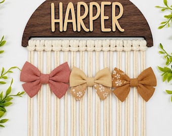 Custom Name Macrame Bow Holder | Personalized Boho Nursery Decor, Wooden Organizer