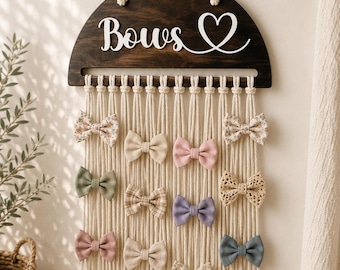 Custom Bow Holder with Macrame | Personalized Hair Bow Organizer | Boho Nursery Decor | Wooden Bow Display for Girls Room | Baby Shower Gift